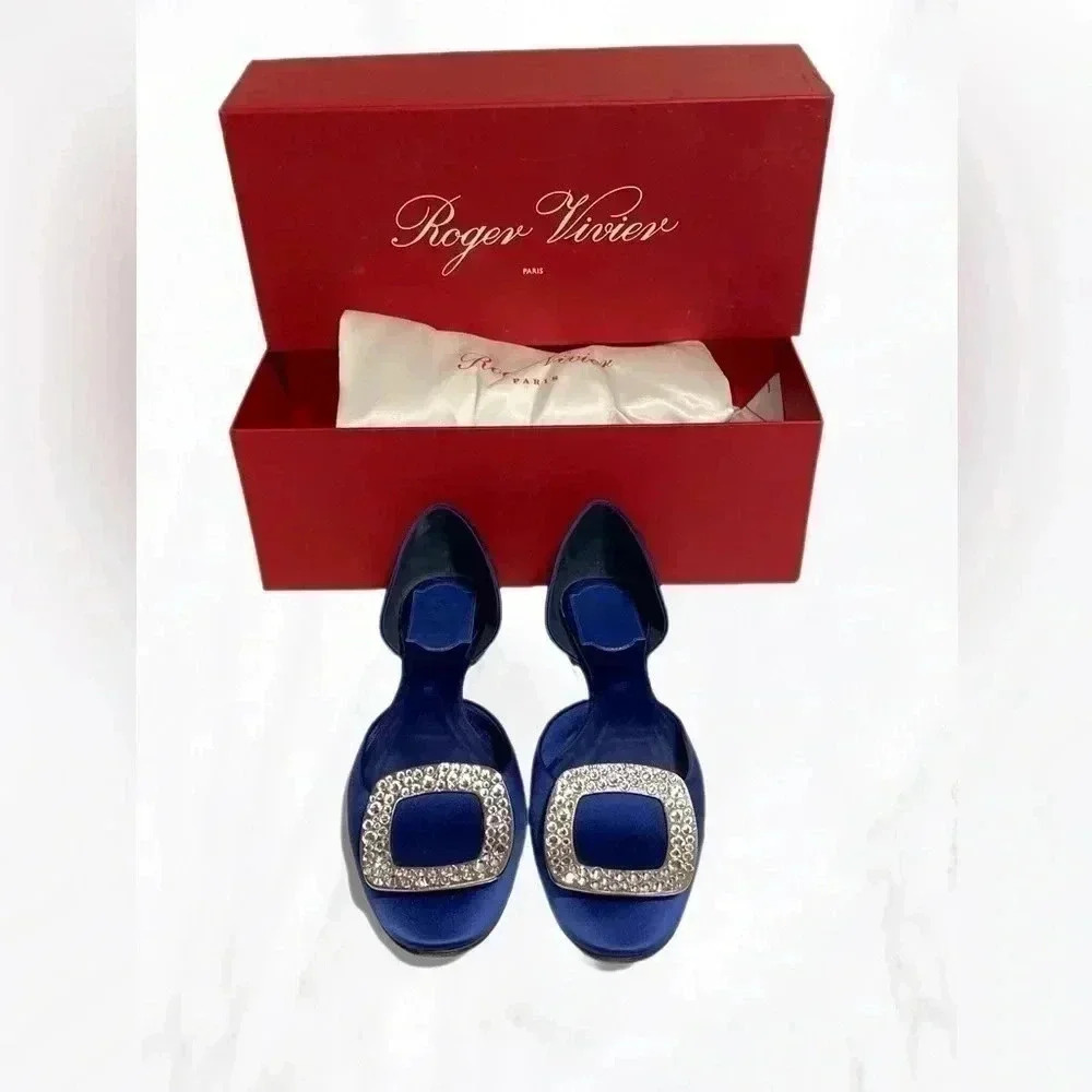 Roger Vivier Navy Satin Crystal Buckle D’Orsay Flats EU 35.5 (Fits 36.5) - Picture 3 of 7